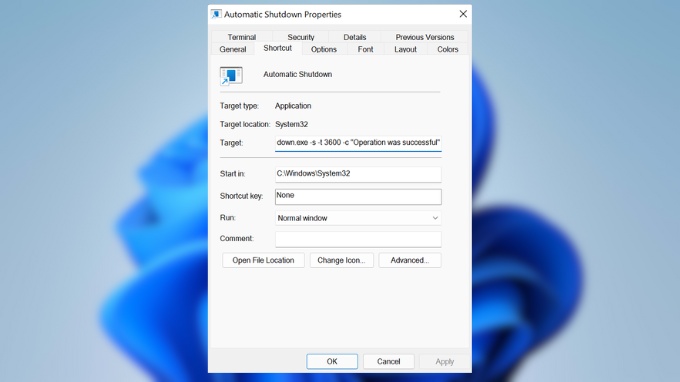 Hẹn giờ tắt laptop Win 11 bằng Shortcut