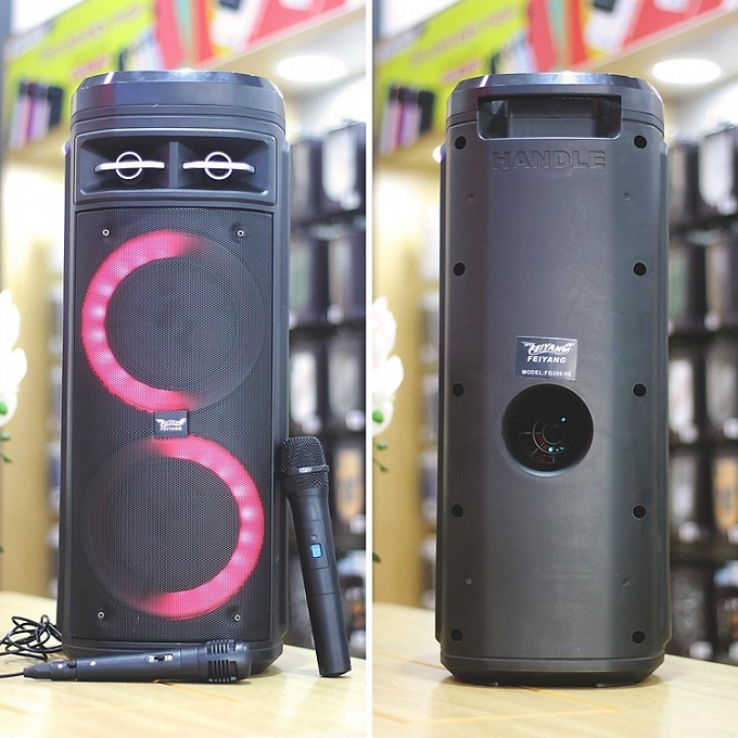 Loa karaoke FeiYang FG206-06 có điều khiển từ xa có thể kết nối với micro không dây tặng kèm theo.