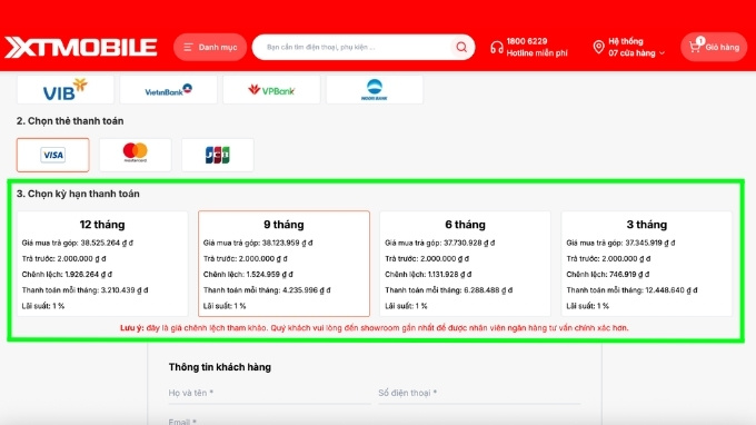 Lựa chọn kỳ hạn thanh toán