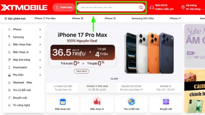 Tìm sản phẩm cần mua bằng ô tìm kiếm